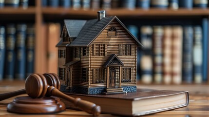 Legal background of courts related to real estate or home auctions. Model houses, batons, and law books. - obrazy, fototapety, plakaty