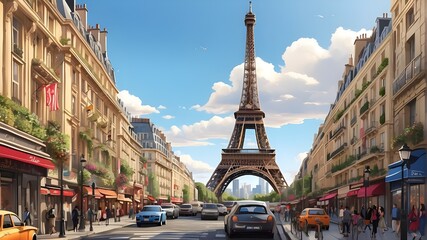 A detailed digital illustration of the Eiffel Tower amidst a bustling city, featuring intricate architectural elements and vibrant street life. The scene should convey the energy and dynamism of Paris - obrazy, fototapety, plakaty