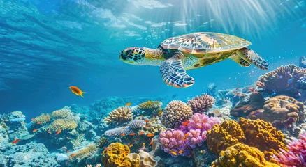 Fotobehang A sea turtle swimming above vibrant coral reefs, surrounded by colorful fish and marine life in the clear blue ocean waters of Australia's Great Barrier Reef. © Kien