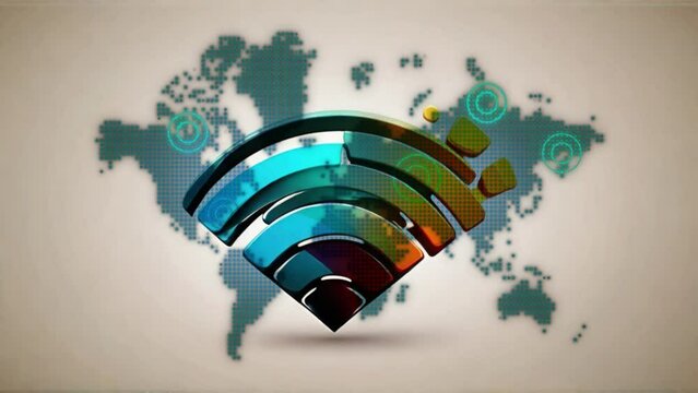 3d symbol of wifi, with world map background as wireless network
