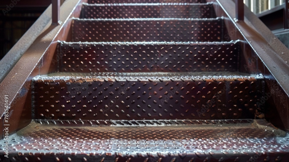 Poster in the center of the warehouse a grand staircase stands with its steps covered in the same textured 