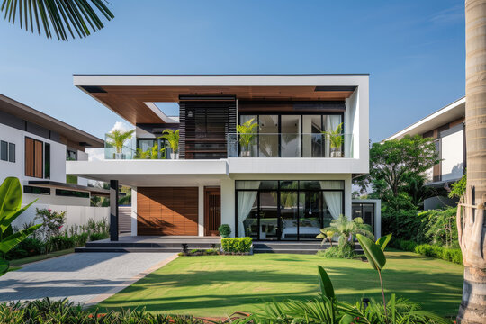A wide angle photo of a modern house in Chiang Mai with white walls and light grey tiles, surrounded by lush green grass and palm trees