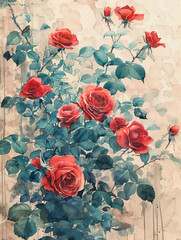 a watercolor painting of red rose flowers, Generative AI.
