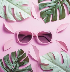 The playful arrangement of pink sunglasses and tropical leaves on a pink background screams summer fun and vacation vibes