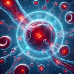 Red blood cells, arteries vein in human body 3d render illustration, glowing human organs, healthcare technology science concept, futuristic scientific background - obrazy, fototapety, plakaty
