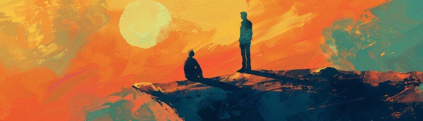 Two silhouetted figures stand apart on an abstract and vividly colored landscape under an immense, radiant sun.