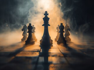 A dramatic portrayal of a chess game with pieces carved like business magnates, highlighting strategic competition - obrazy, fototapety, plakaty