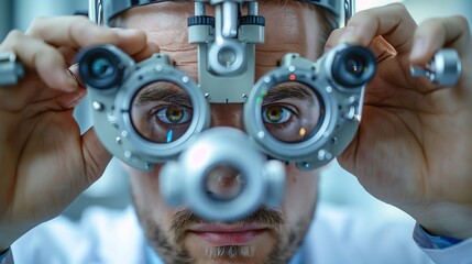 Treatment of eyes, optometrist adjusting a phoropter during an exam, close-up, isolated against a...