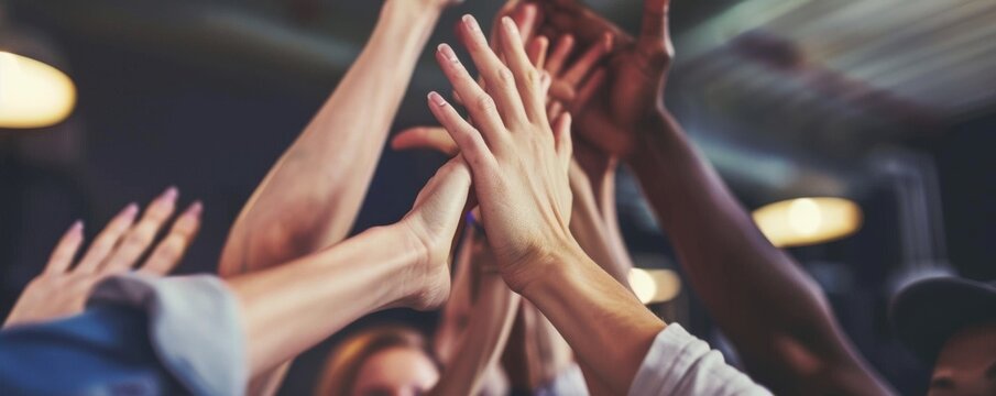 Unity and success highlighted as a team high fives in celebration of reaching a milestone achievement together.