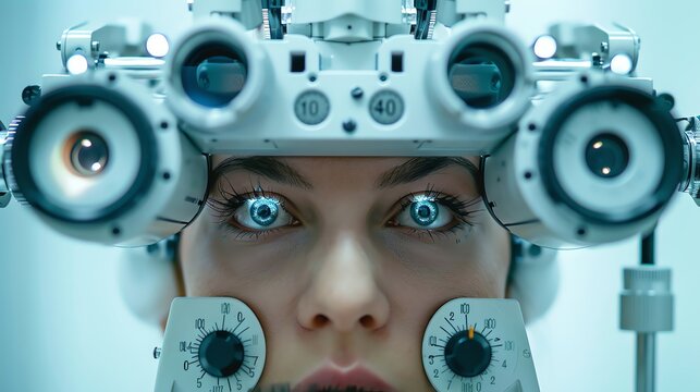 Treatment of eyes, optometrist adjusting a phoropter during an exam, close-up, isolated against a pure solid silver background