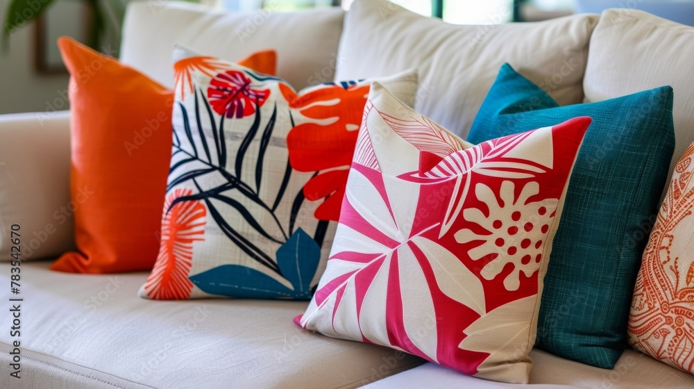 Poster a set of throw pillows in a mix of vibrant abstract patterns and bold colors p on a neutralcolored c
