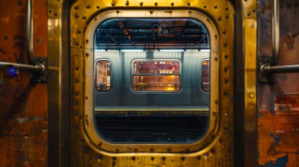 Subway wagon door frames a living cityscape, offering a fleeting glimpse of the world rushing by - obrazy, fototapety, plakaty