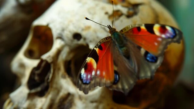 A beautiful butterfly perched on a skull, symbolizing the ephemerality and beauty of life as the skull represents death and the butterfly signifies life and transformation. 