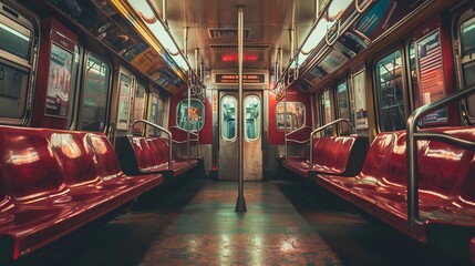 Intimate glimpse inside a subway, the seats telling stories of countless journeys - obrazy, fototapety, plakaty
