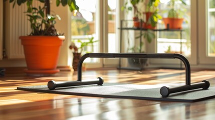 Focused capture of a push-up bar, a cornerstone of personal fitness regimes in a home setting - obrazy, fototapety, plakaty