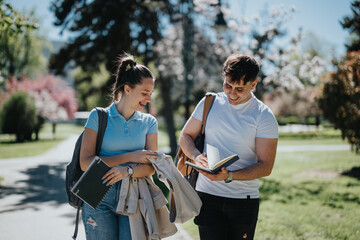 A pair of young students with books and backpacks engaged in studying at an urban park on a sunny...