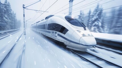 Fototapeta premium A vision of speed and winter calm as a contemporary train races through a snowy corridor