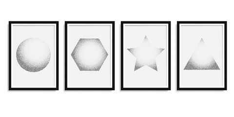 Geometric figures. Pictures in frame. Drawing using dots. White noise grainy texture. Vector illustration.