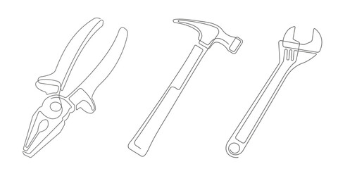 Locksmith tool for work. Drawn hammer, pliers, wrench.One line drawing.Vector illustration.