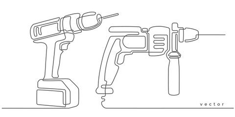 Drill .Locksmith tool for work.One line drawing.Vector illustration.