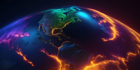 Photo of earth minimalist covered in neon digital data showing flooding, landslides, wildfires, extreme heat, storms, and hurricanes affecting business operation - obrazy, fototapety, plakaty