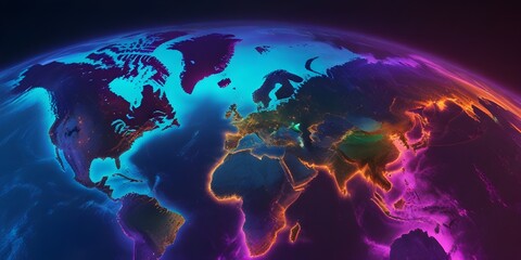 Photo of earth minimalist covered in neon digital data showing flooding, landslides, wildfires, extreme heat, storms, and hurricanes affecting business operation - obrazy, fototapety, plakaty