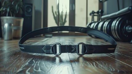 A detailed exploration of a hip thrust belt's design and utility in a home workout environment - obrazy, fototapety, plakaty