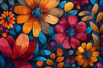 abstract Warm florals with pops of cool.Intricate pattern, vibrant, summer and spring vibe - obrazy, fototapety, plakaty