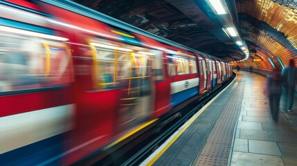 A bustling subway train speeds through the underground, blurring the lines of urban travel