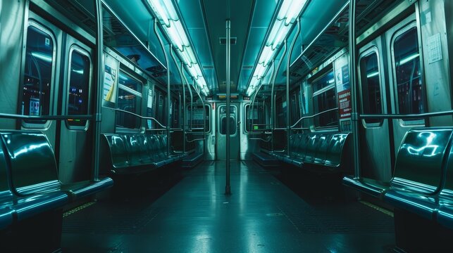 A deserted subway train, captured in silence, highlighting its sleek, modern interior