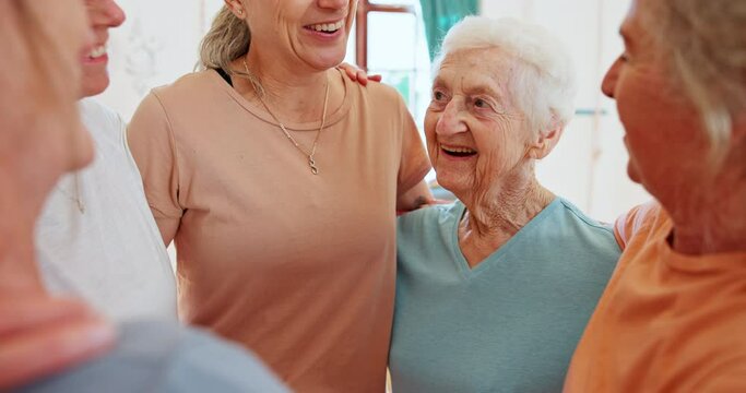 Group, friends and old women with conversation, fitness and social with workout and feedback. Mature people, ladies and pensioner in a wellness center and healthy with weekend break, active and hobby