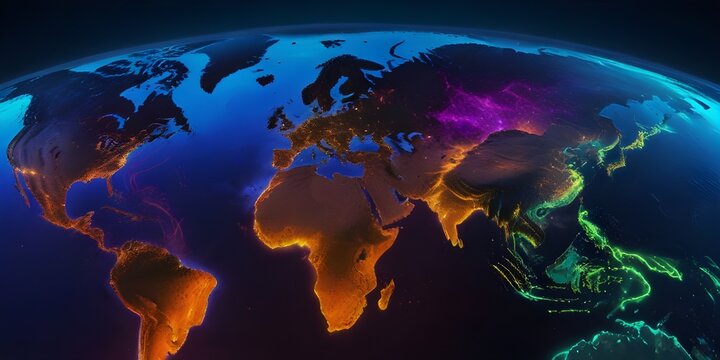 Photo of earth minimalist covered in neon digital data showing flooding, landslides, wildfires, extreme heat, storms, and hurricanes affecting business operation