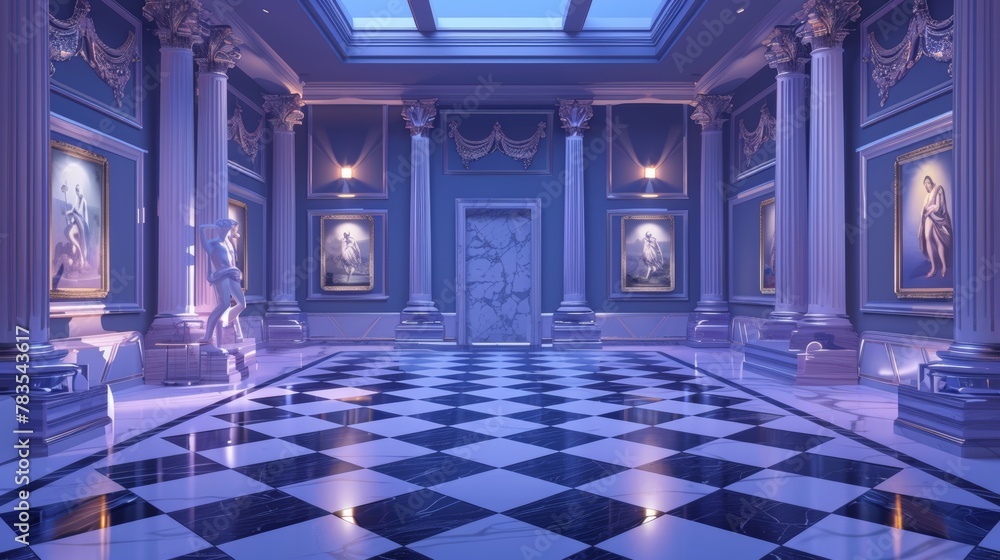 Aufkleber empty museum room with white marble twisted columns illuminated by spotlights. modern realistic empt