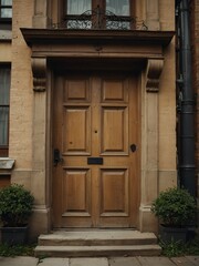 Fototapeta na wymiar beige wooden door on old victorian house background from Generative AI