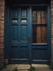 Fototapeta na wymiar blue wooden door on old victorian house background from Generative AI