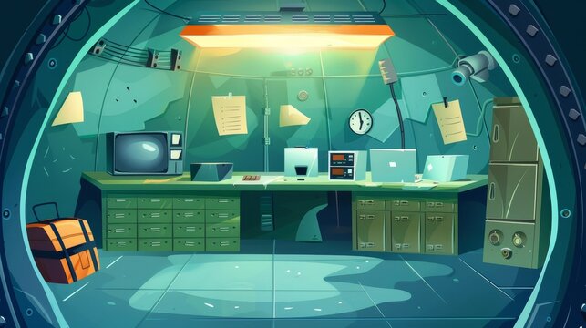 The interior of an underground bunker with lockers, appliances on a desk, stocks on shelves, and a hatchway in the floor is portrayed as a modern cartoon illustration.