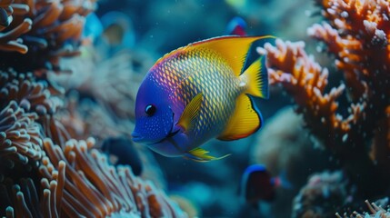 Fototapeta na wymiar Beneath the surface of the crystal blue ocean a charming tropical fish abode can be found. The vibrant colors of the fish and the . .