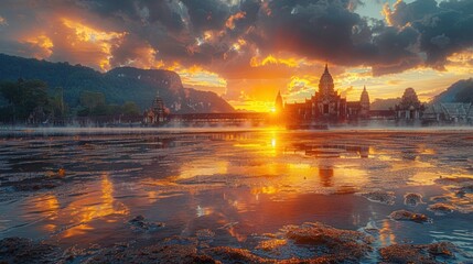 A breathtaking sunrise over the ancient temples of Vientiane, with diverse tourists in the foreground marveling at the architectural wonders