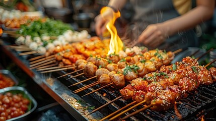 Naklejka premium A close-up of a diverse group of friends savoring traditional Laotian street food at a bustling night market, with space for flavorful text descriptions.
