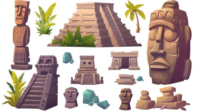 Modern cartoon set of south American landmarks, Chichen Itza and Kukulkan temples on white background with ancient mayan pyramids and moais.