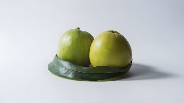 Two green lemons wrapped in a green leaf
