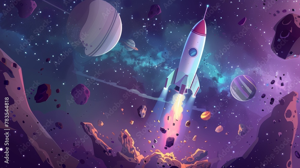 Poster an illustration of a space exploration cartoon featuring a rocket in the outer galaxy with planets i