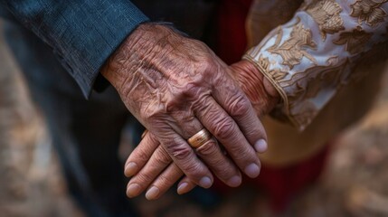 A closeup of an older couples hands their fingers intertwined a visual representation of the enduring bond they have built over a lifetime. .