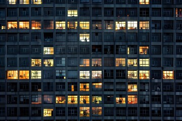 Fototapeta na wymiar A high-rise building with rows of windows at night, each window lit up in the style of office workers working late into the evening. For Business, News, Labor Day