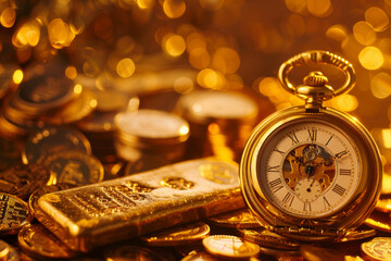 a pocket watch sitting on top of a pile of gold coins - obrazy, fototapety, plakaty