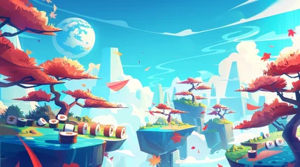 Foto op Plexiglas Poster with sushi planet in landscape with trees, rolls, ginger and salmon planet in sky. Modern banner with cartoon illustration for restaurant or arcade game. © Mark