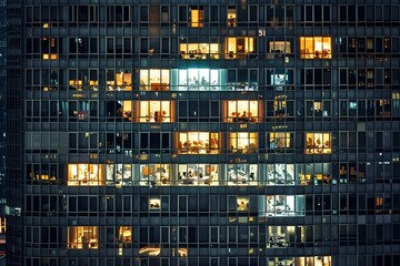 Fototapeta na wymiar A high-rise building with rows of windows at night, each window lit up in the style of office workers working late into the evening. For Business, News, Labor Day