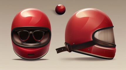 This realistic 3D modern set includes a red motorcycle helmet with glasses, retro biker headwear, a driver round hat with glossy surface, a black lining and a black belt, as well as 3D modern images