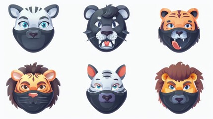 Naklejka premium Funny animal masks isolated on white background depicting a tiger, cat, wolf, lion and bulldog with fur, mouth, and nose.