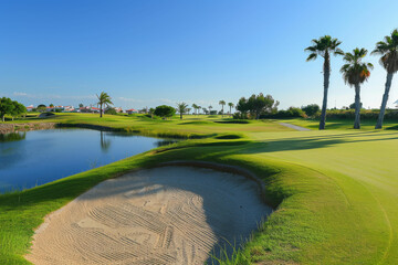 a golf course with water and palm trees